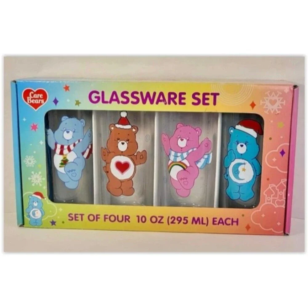 CARE BEARS Christmas Holiday Set Of 4 Glasses 10oz Glass Cups NEW